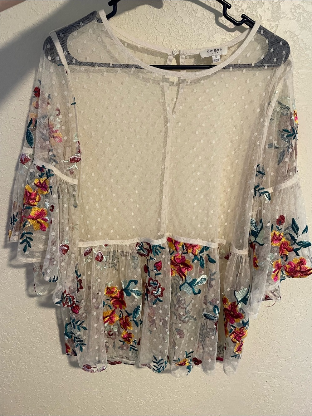 Umgee White Sheer Floral Embroidered Peplum Blouse